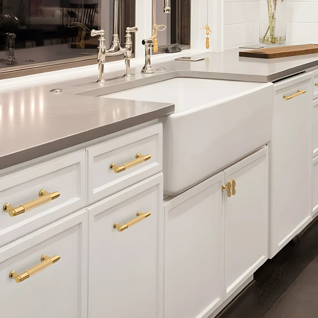 Brushed brass aluminium furniture handle with European style design and multiple hole spacing options