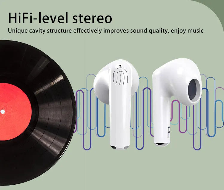 White semi in-ear wireless Bluetooth earphones and charging case on a table.