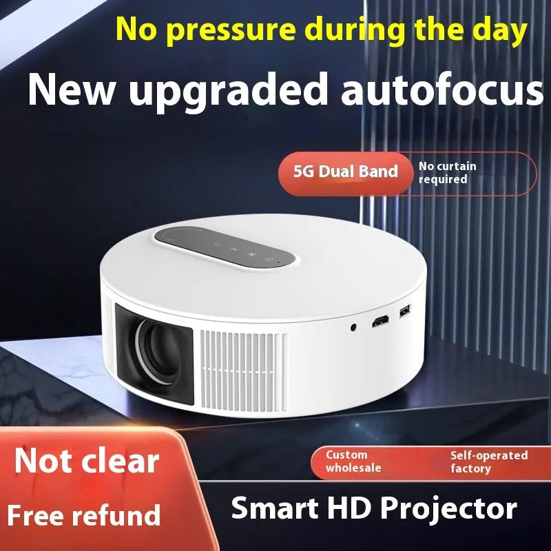 White HD home cinema projector with remote control on table showing 720p resolution specification