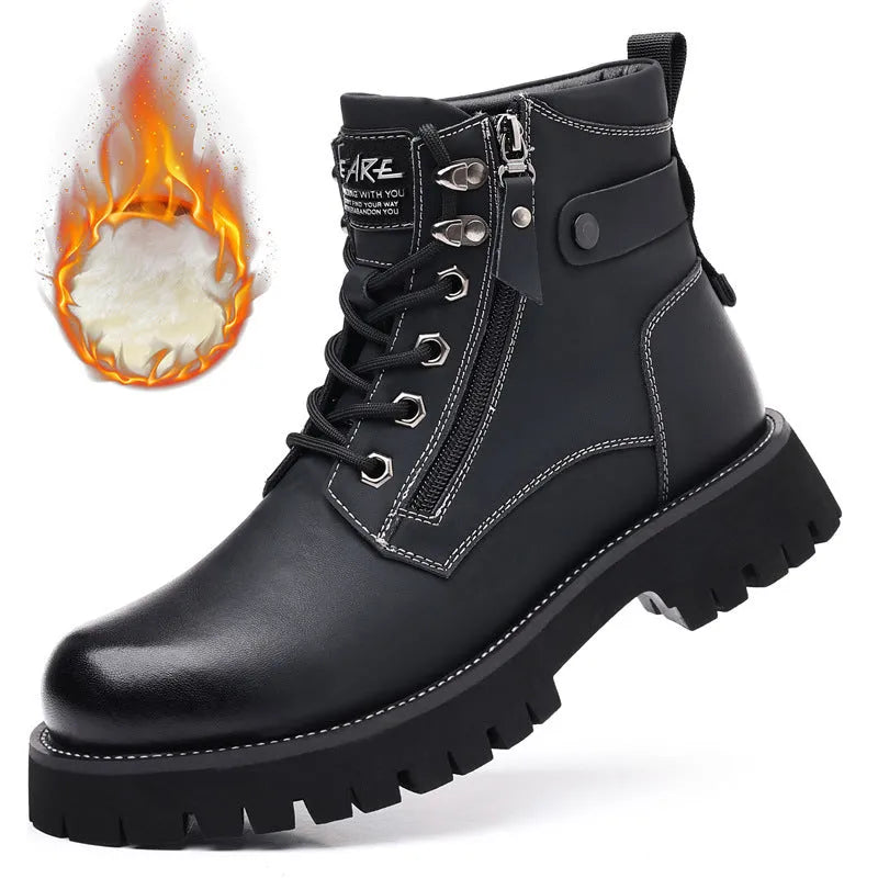 Men's brown leather high-top boots with velvet trim, side zip, and round toe design