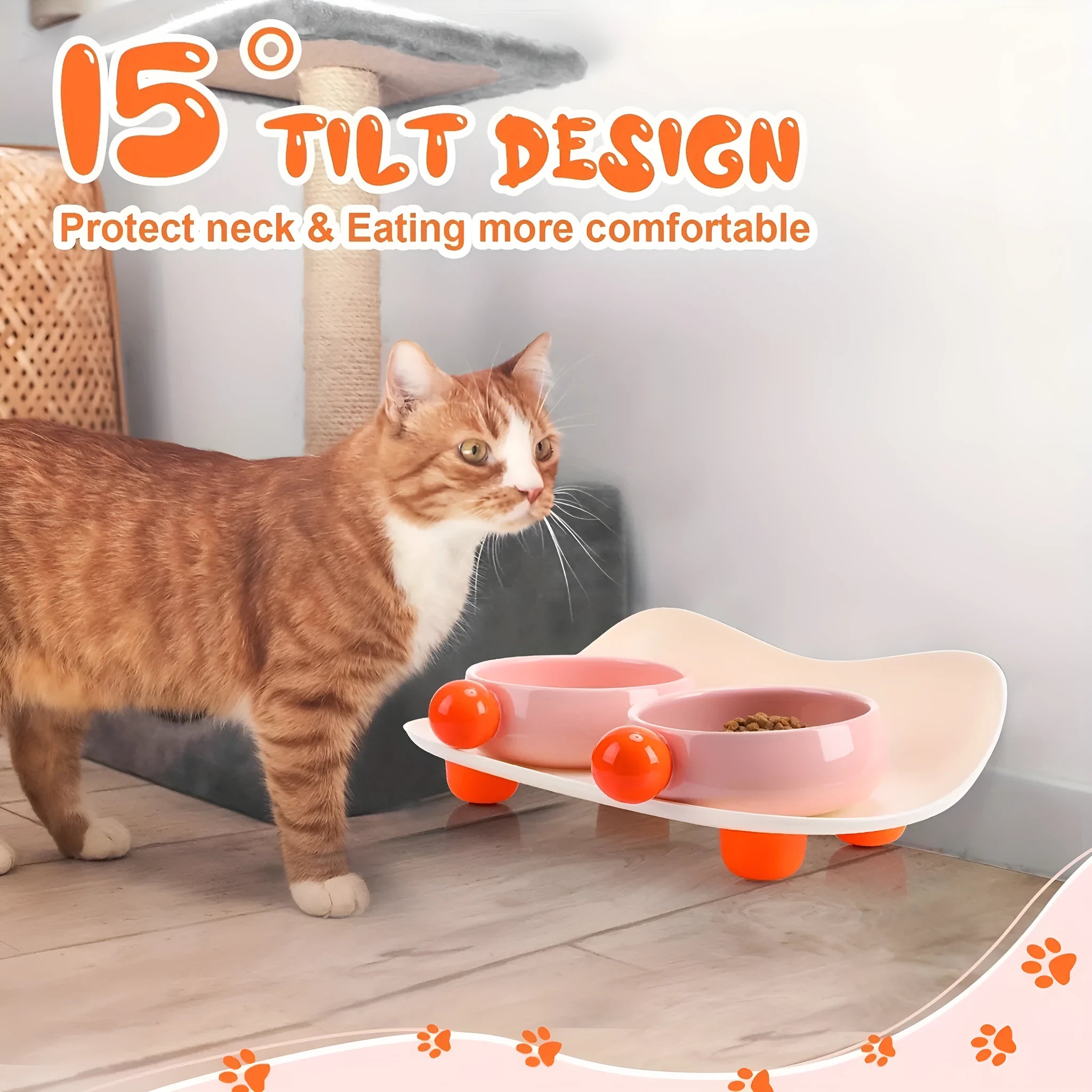 Ceramic raised double bowl set for pet food and water with a non-slip base in yellow.