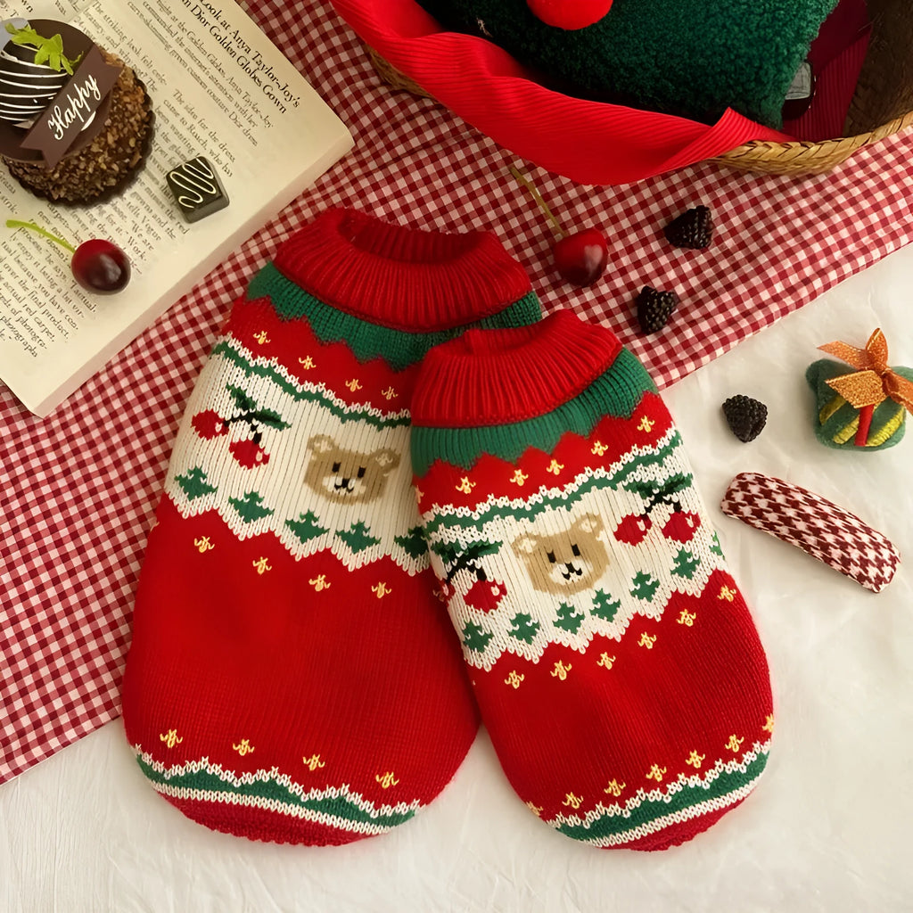Red Christmas cherry print knitted sweater for a small dog or cat, shown in size L.