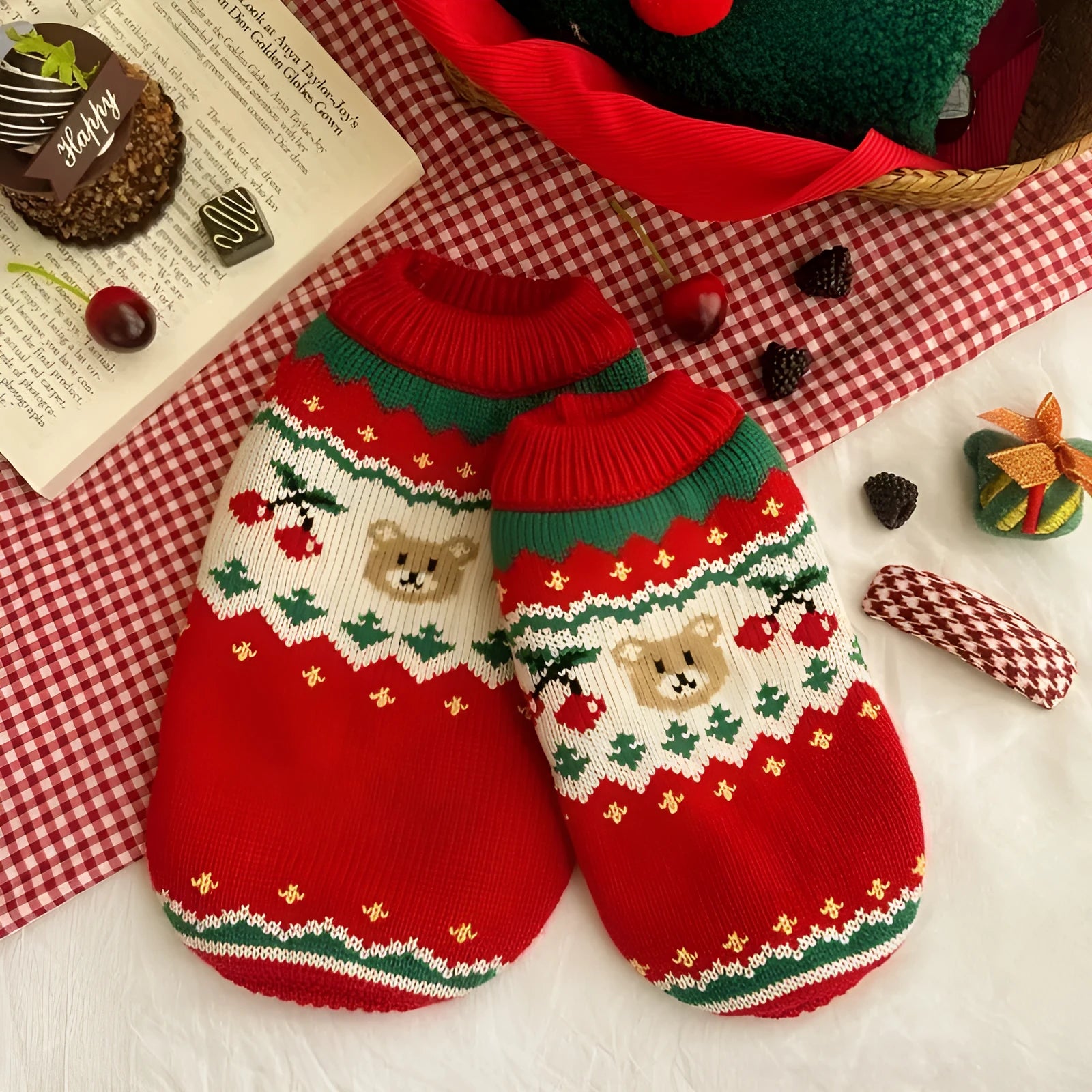 Red Christmas cherry print knitted sweater for a small dog or cat, shown in size L.