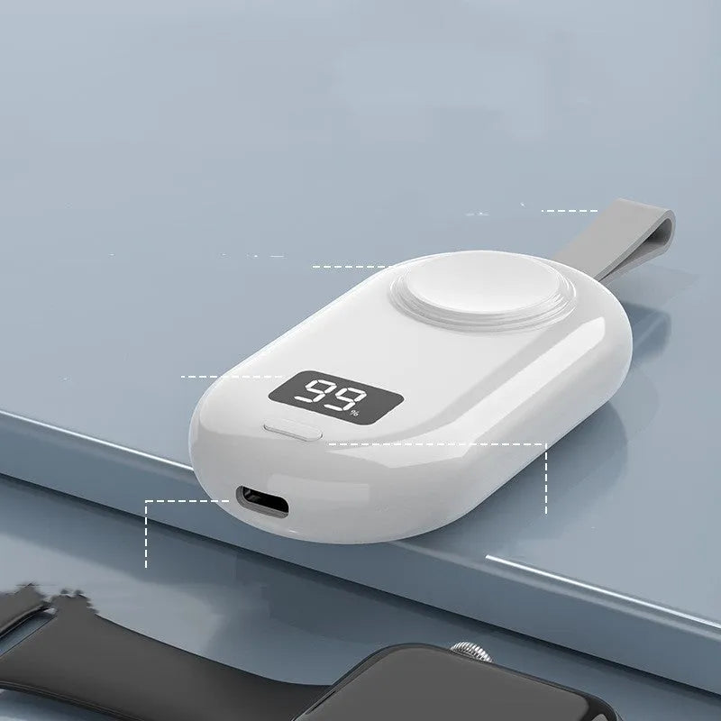 Black and white plastic wireless power bank for V5 watch with Type-C cable.