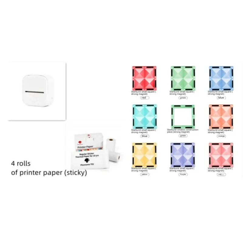 Portable mini thermal label printer in white, 87mm by 90mm by 40mm, with Bluetooth connectivity and inkless printing