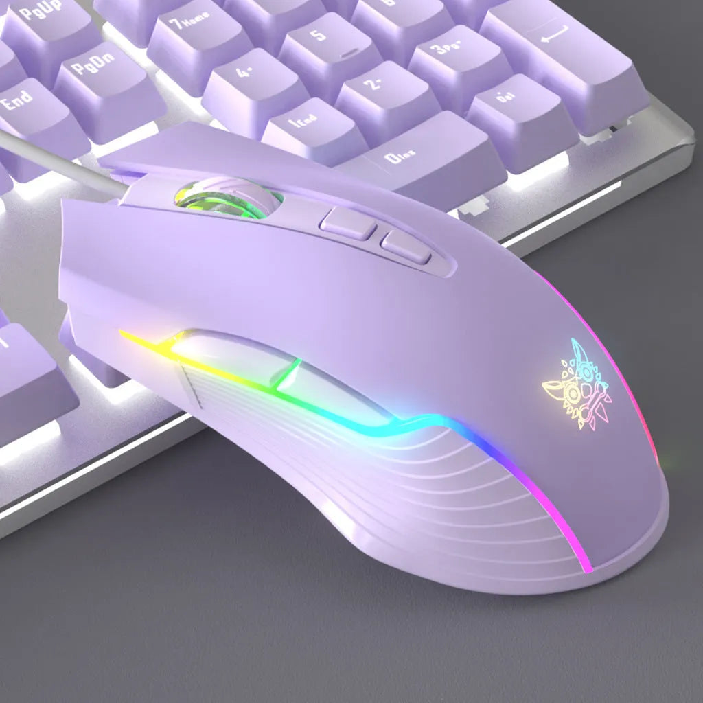 White and purple wired mechanical keyboard and mouse combo set with backlight illumination