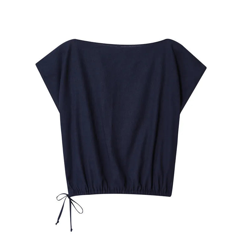 Women's off-neck linen-style shirt and wide-leg trousers set in a coordinated colour.