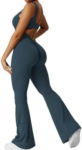 Women's sleeveless flare jumpsuit in army green colour for yoga and fitness activities