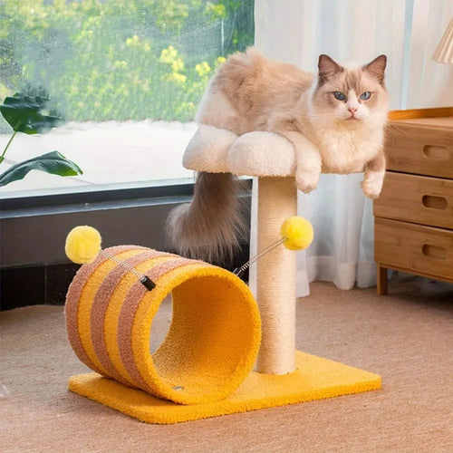 Yellow bee-themed cat climbing frame with sisal scratching board, tunnel, and multiple platforms