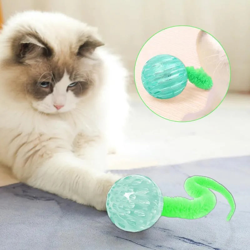 Interactive TPR bouncy ball cat toy with soft plush worm tail in green, pink or purple
