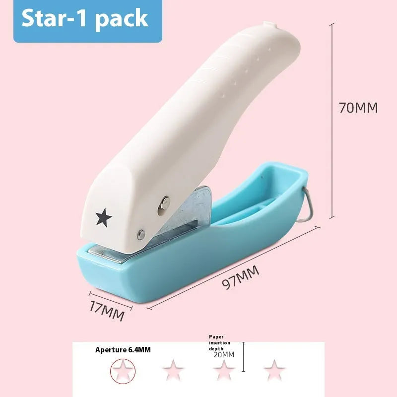 Manual handheld punching machine with love, star, and round pattern plates for paper craft.
