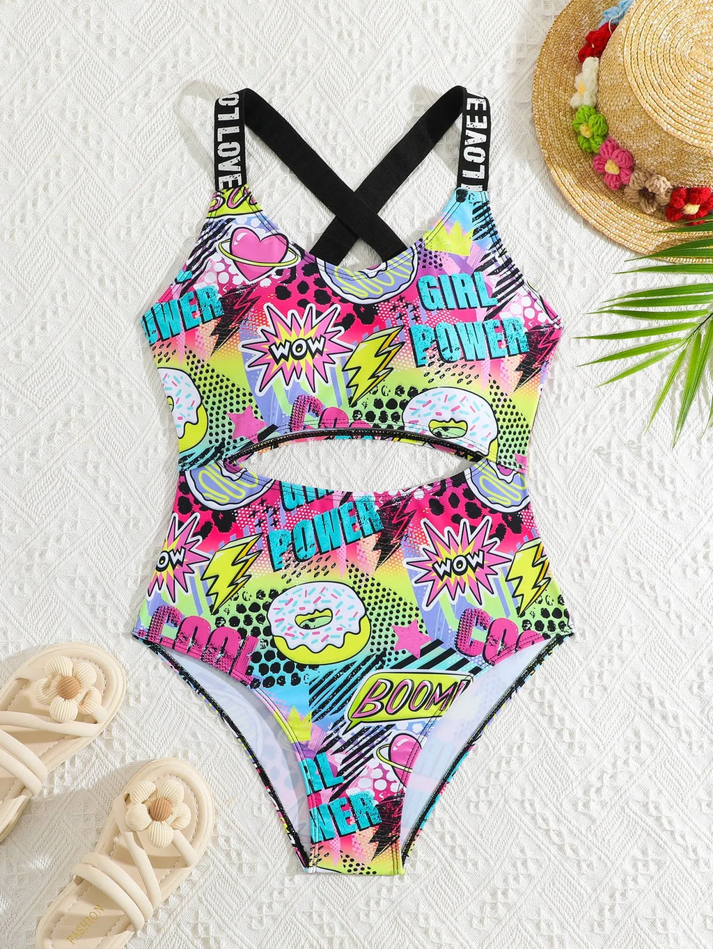 Cute cartoon digital print one piece swimsuit for girls medium and large sizes 13Y-16Y