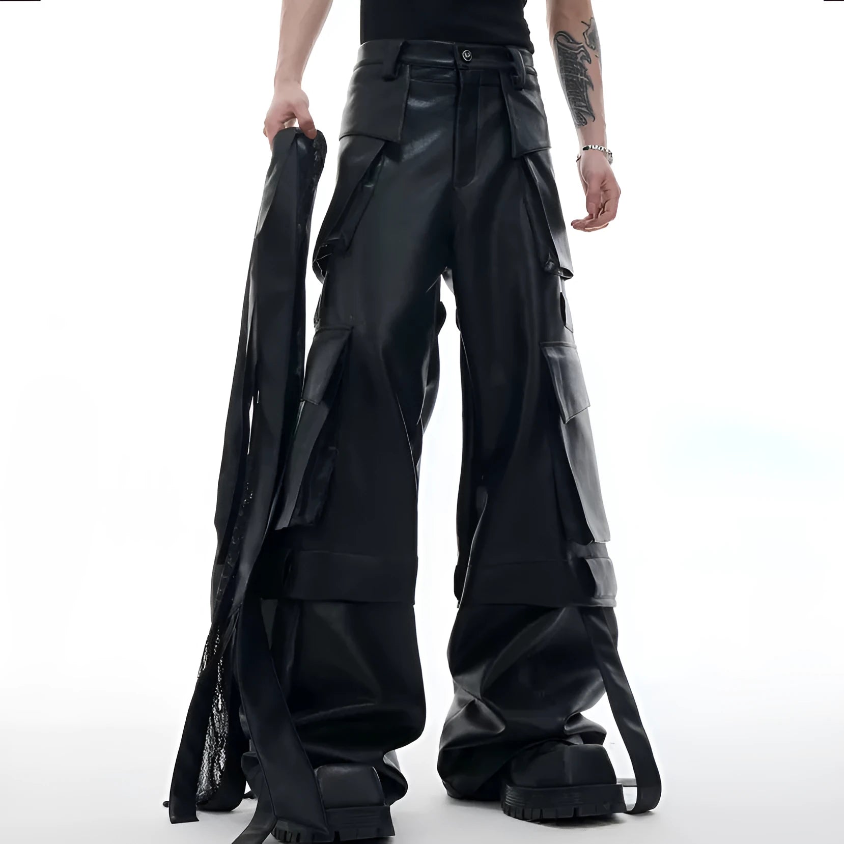 Black loose-fit multi-pocket trousers with quilted stitching detail.