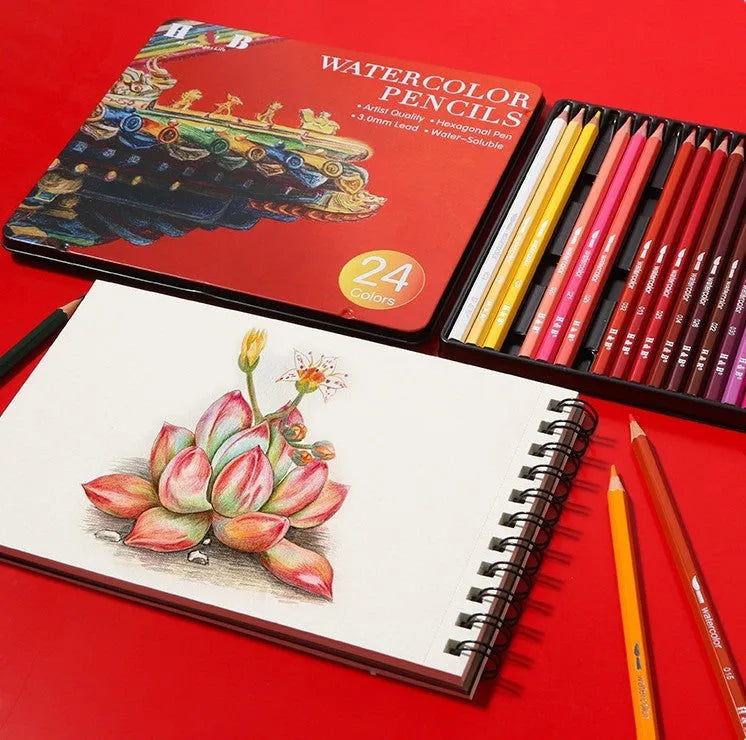 Water-soluble coloured pencil set with 24 colours in a protective iron art box