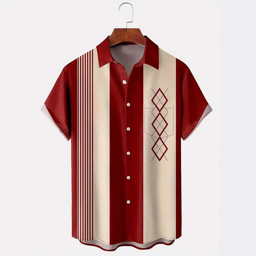Man wearing a loose-fit short sleeve plaid shirt with a lapel collar in contrasting colours.