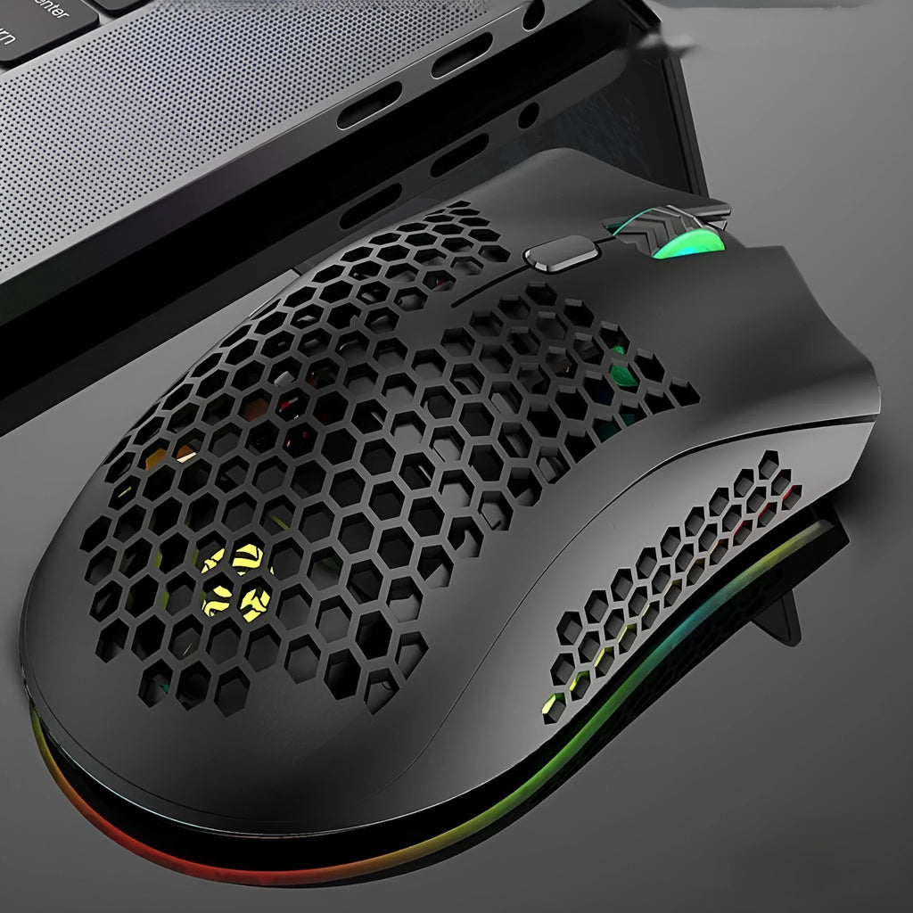Hollow-out wireless gaming mouse with luminous RGB lighting in black, cyan or white colour options