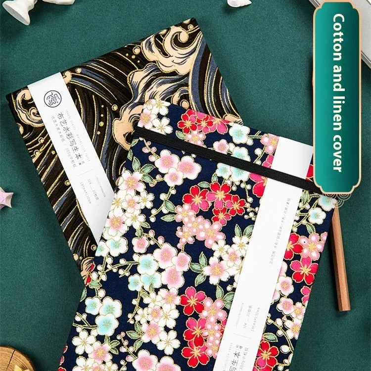 Feiluniao handmade fabric watercolour notebook with cotton paper, 185mm long, shown in a cover design option.