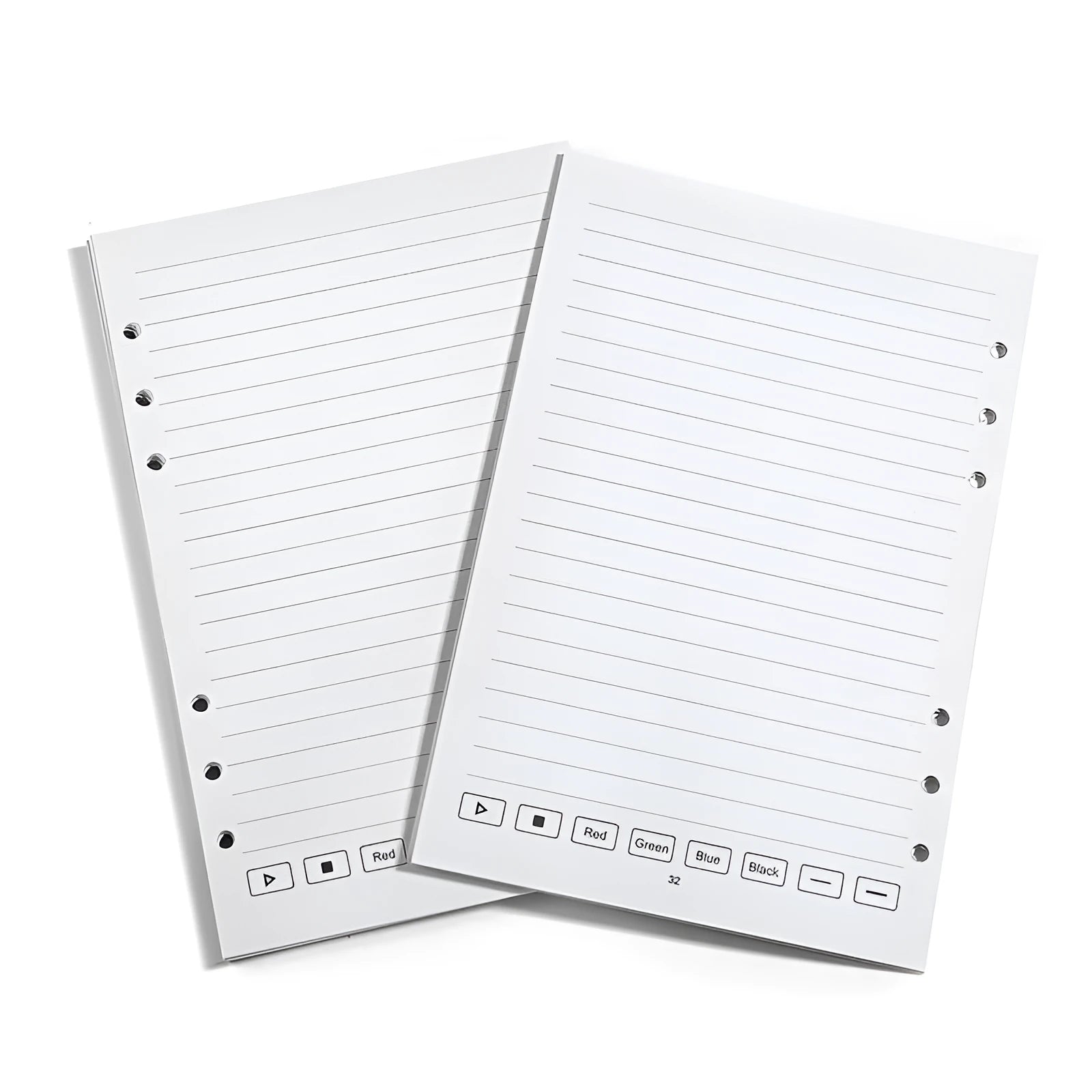 Loose spiral notebook filling paper replacement set with 64 pages and multiple pen refill types