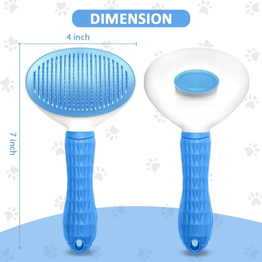 A grey cat grooming brush with a release button and fine wire bristles, shown removing loose fur.