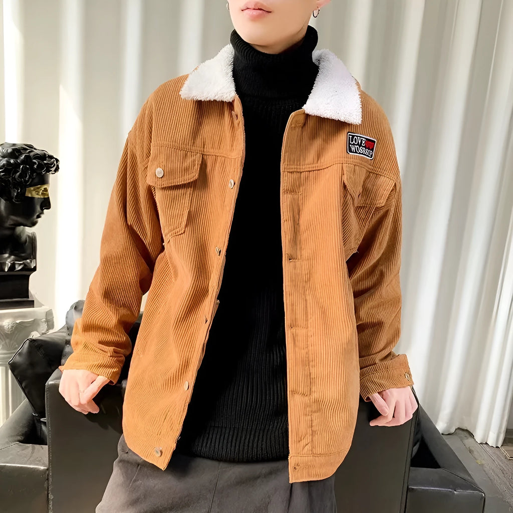 Men's loose fit corduroy workwear jacket in khaki, green or black with stick pockets