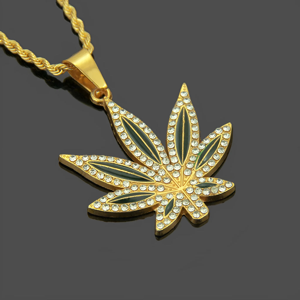 Alloy men's punk hip hop diamond-embedded maple leaves pendant necklace with rhinestone metal chain