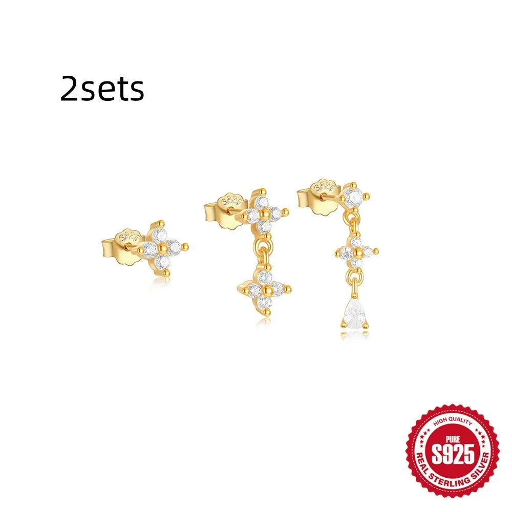 S925 sterling silver geometric zircon tassel earring set with three pairs in gold tone colours