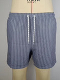 Striped polyester fibre beach shorts with triangle lining in navy blue, straight leg design