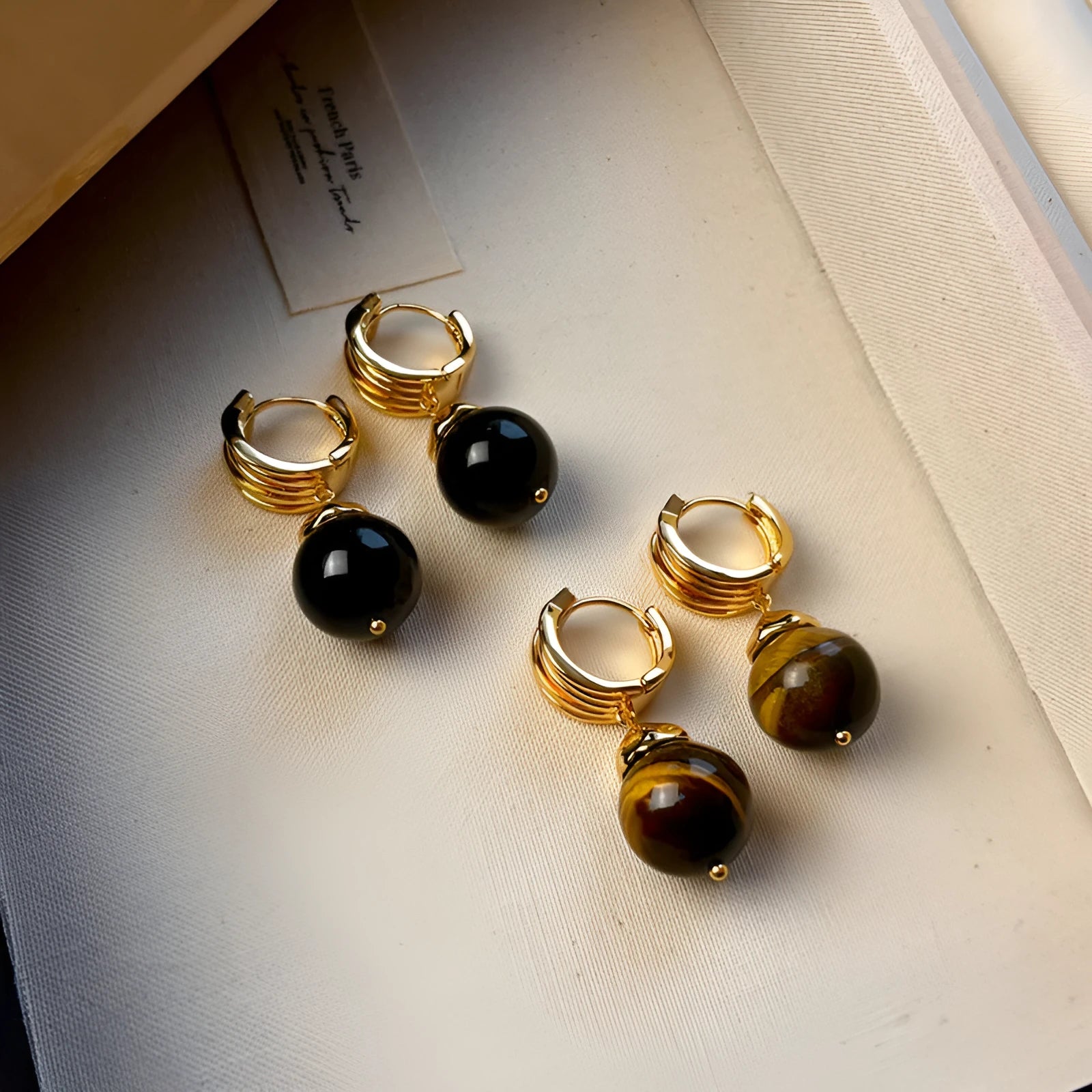 Maillard tigereye geometric earrings for women with real gold plating in brown and black colours