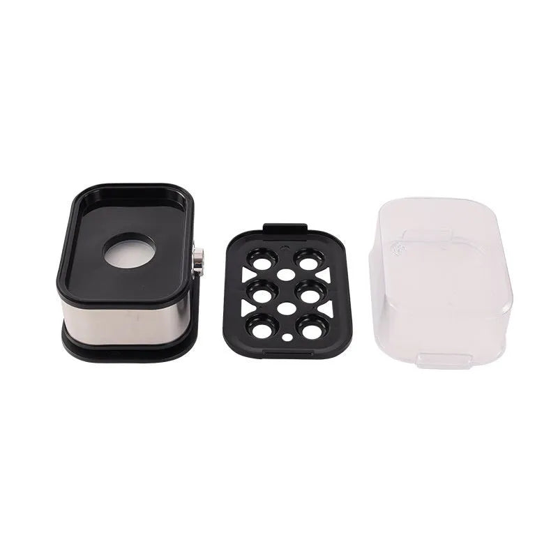 Black stainless steel portable egg boiler with carrying belt for travel cooking