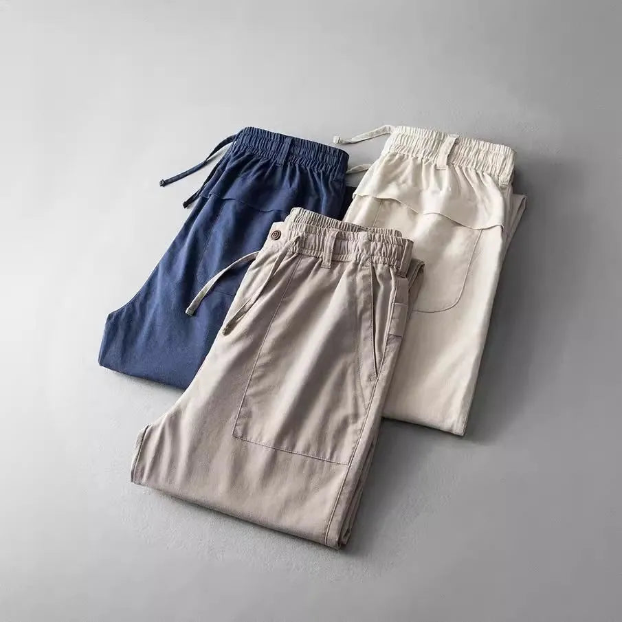Men's casual linen trousers in navy blue colour with mid waist and traditional trouser length
