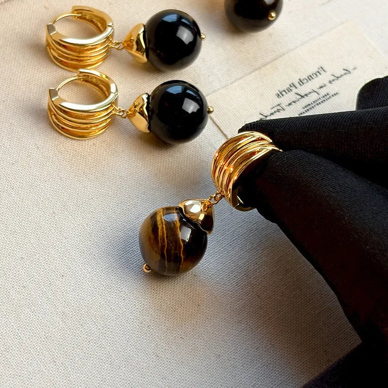 Maillard tigereye geometric earrings for women with real gold plating in brown and black colours