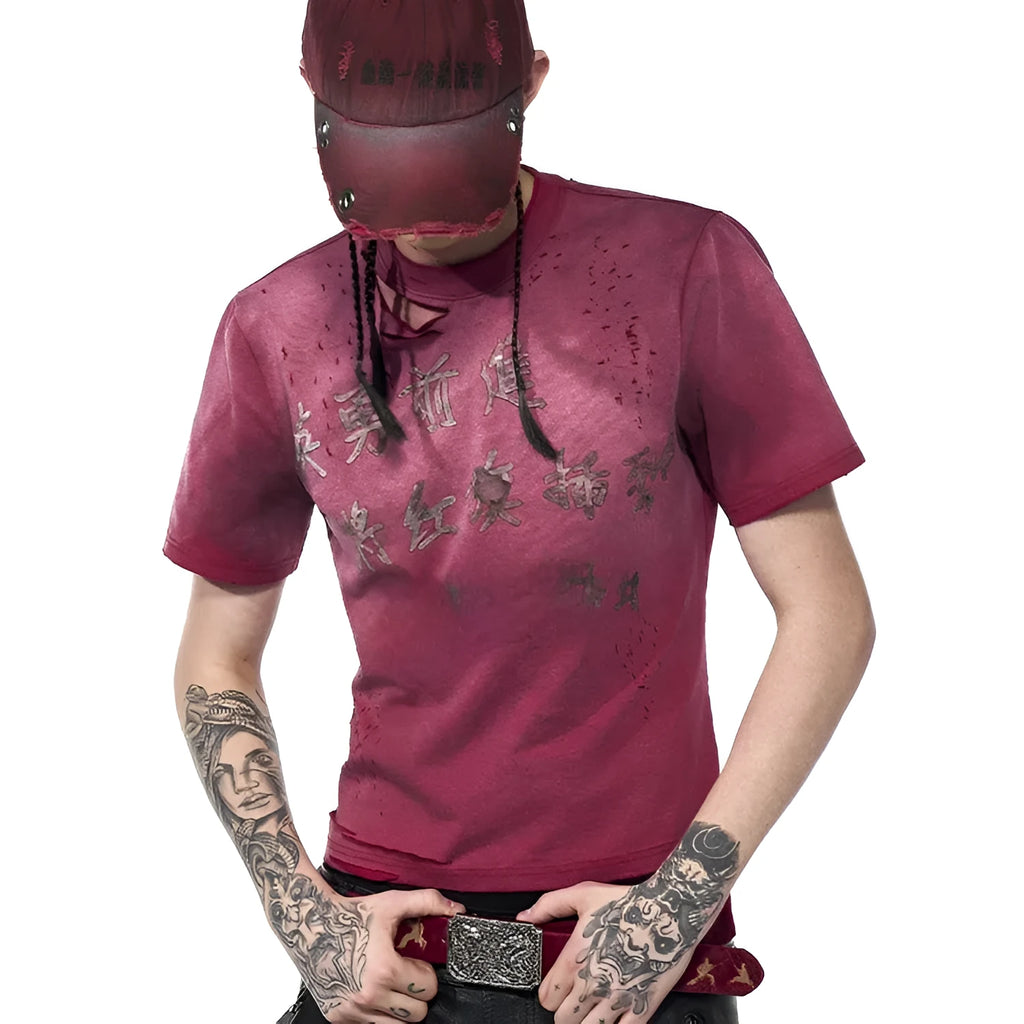 Red men's slim-fit T-shirt with distressed spray wash finish and short sleeves