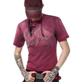 Red men's slim-fit T-shirt with distressed spray wash finish and short sleeves