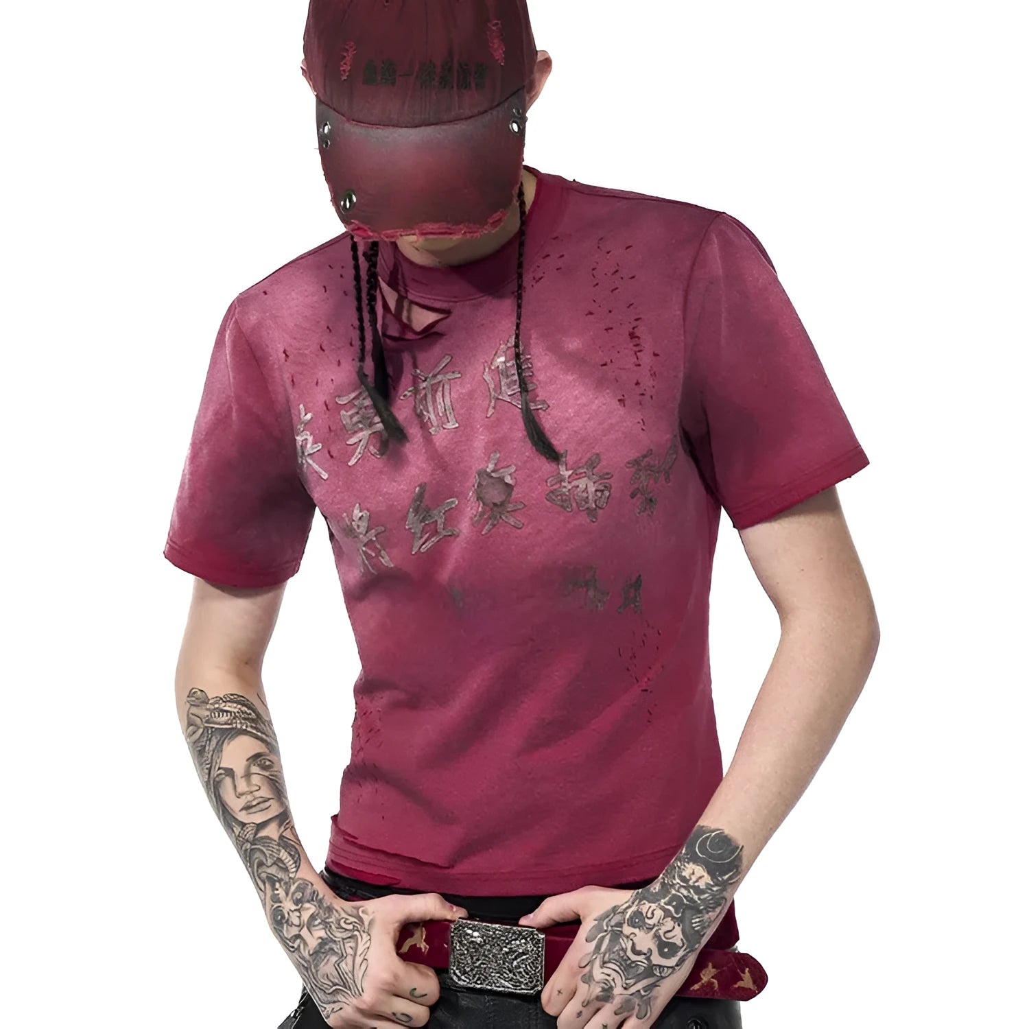Red men's slim-fit T-shirt with distressed spray wash finish and short sleeves