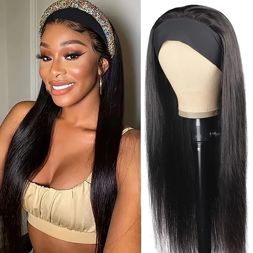 Headband wig with long high temperature fibre hair in black straight, curly, or wine red options