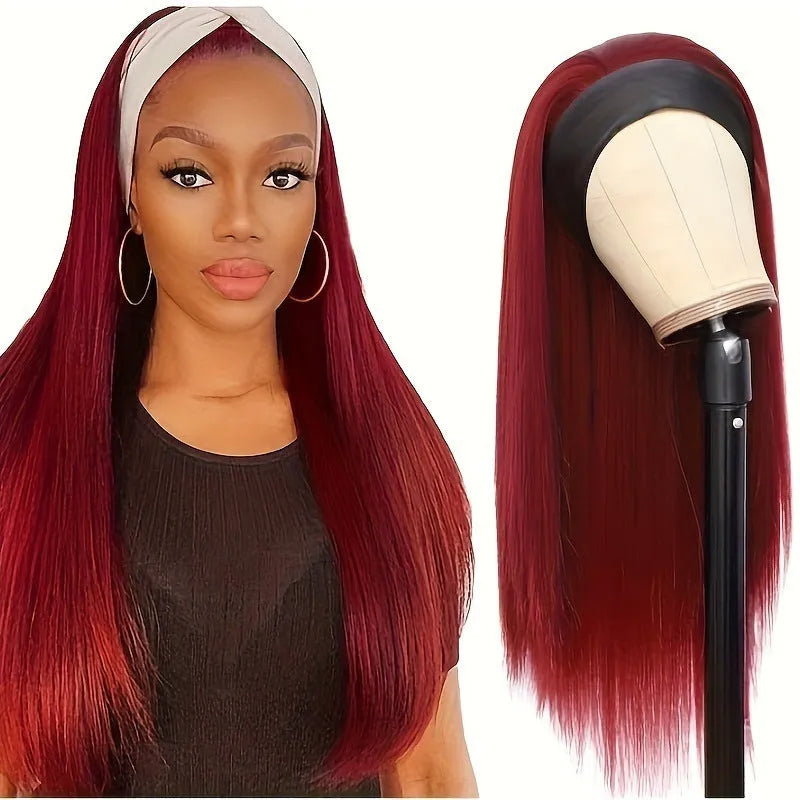 Headband wig with long high temperature fibre hair in black straight, curly, or wine red options