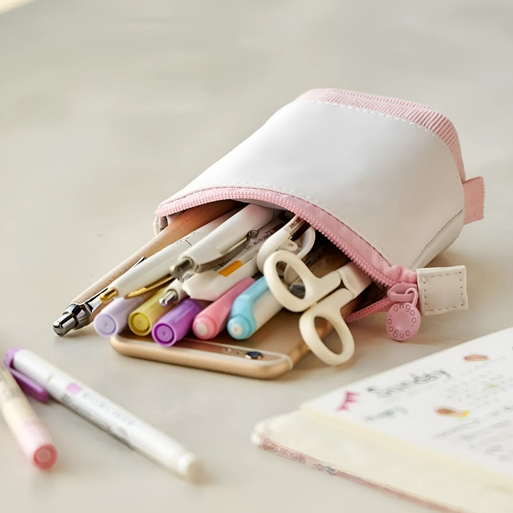 Purple PU corduroy Korean-style telescopic stationery case with zip closure.