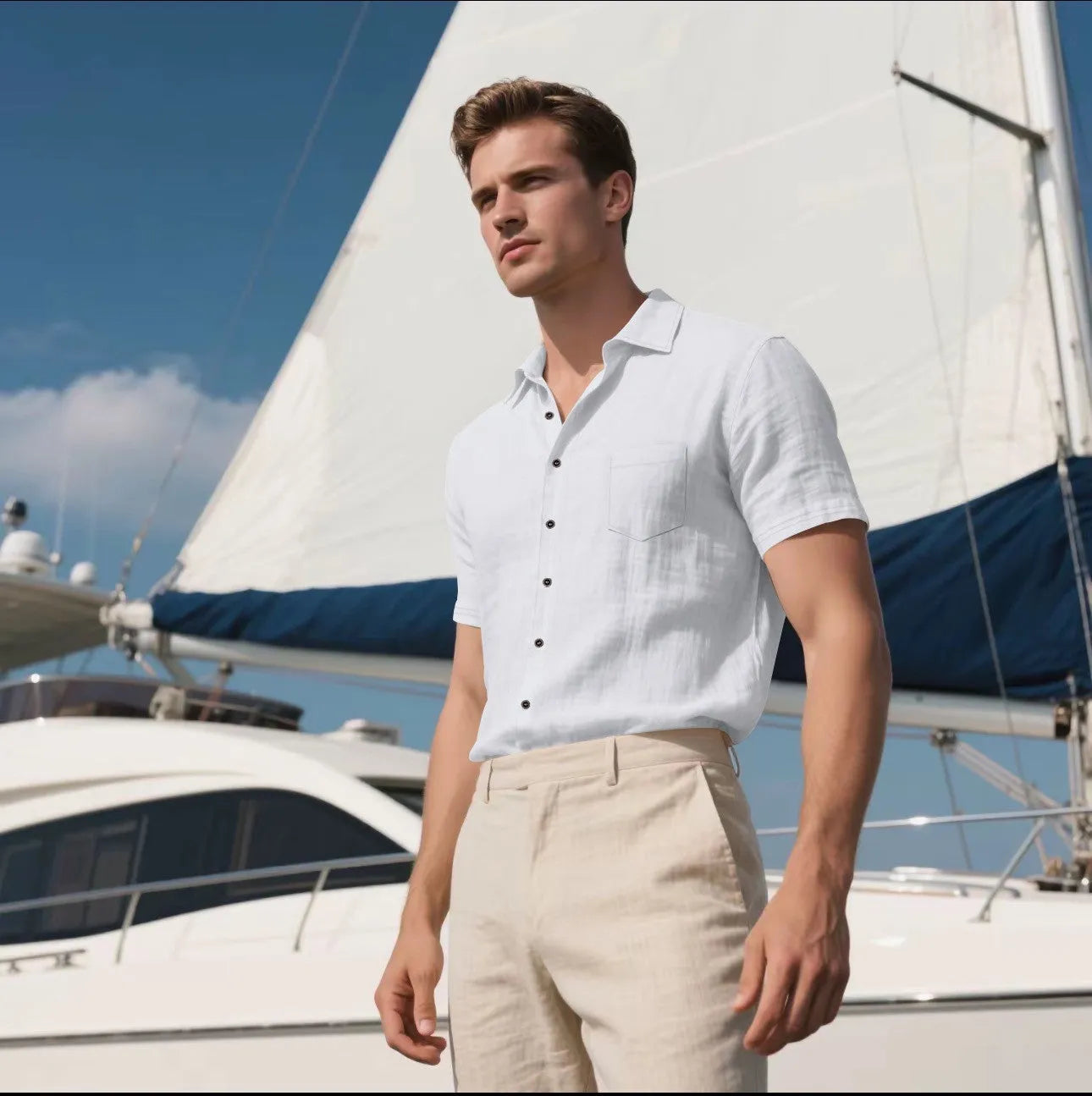 Men's loose fit linen short-sleeved cardigan shirt in a solid colour on a hanger.