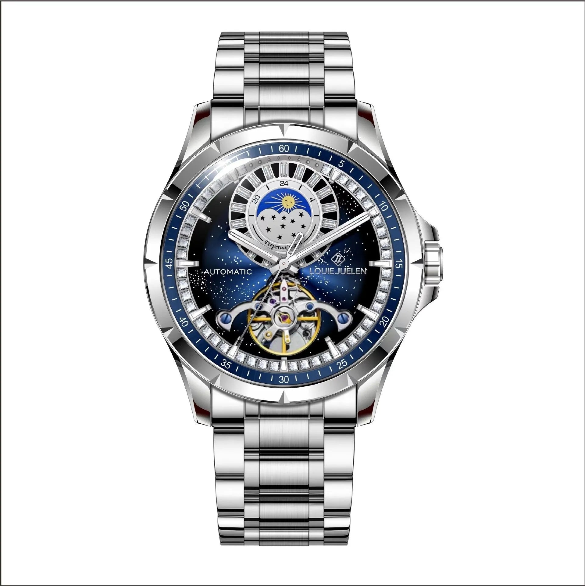 Men's silver automatic watch with blue dial on a stainless steel bracelet, showing transparent case back.