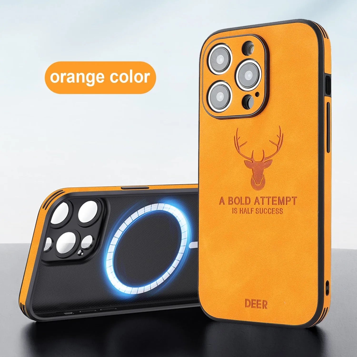 iPhone 16 magnetic charging case with embossed moose head design in imitation leather, shown in multiple colours.