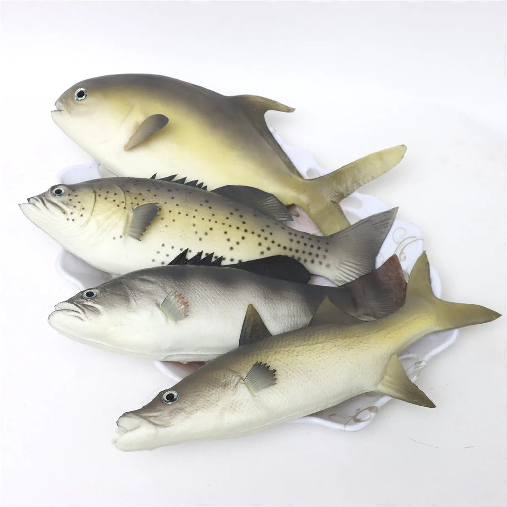 Three PU simulated fish ornaments showing yellow-fin tuna, small tuna, and yellow croaker marine species
