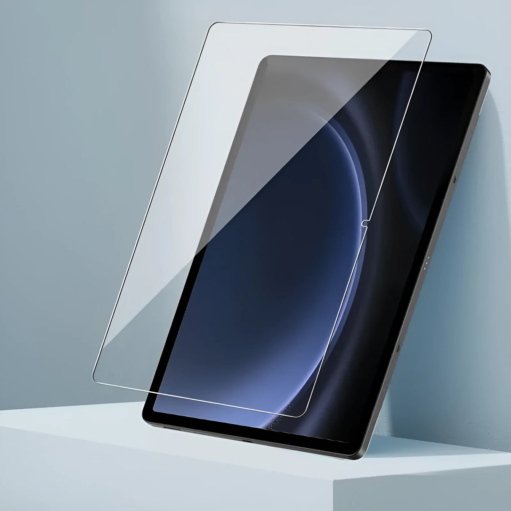 Two tempered glass screen protectors for Samsung tablets in a leather storage bag.