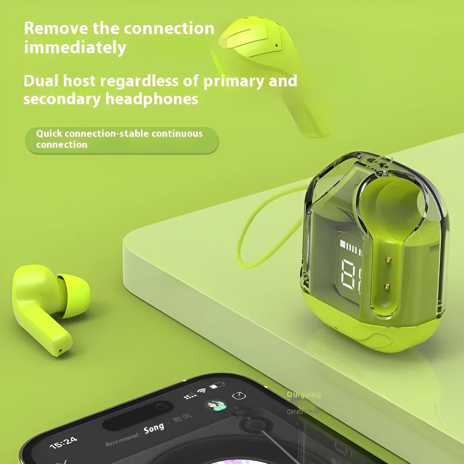 Wireless Bluetooth headset semi-in-ear sports style with transparent digital display black colour
