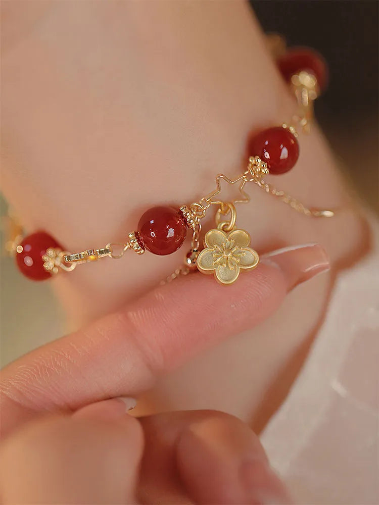 Red agate double layer bracelet with peach blossom flower design and manual craftsmanship