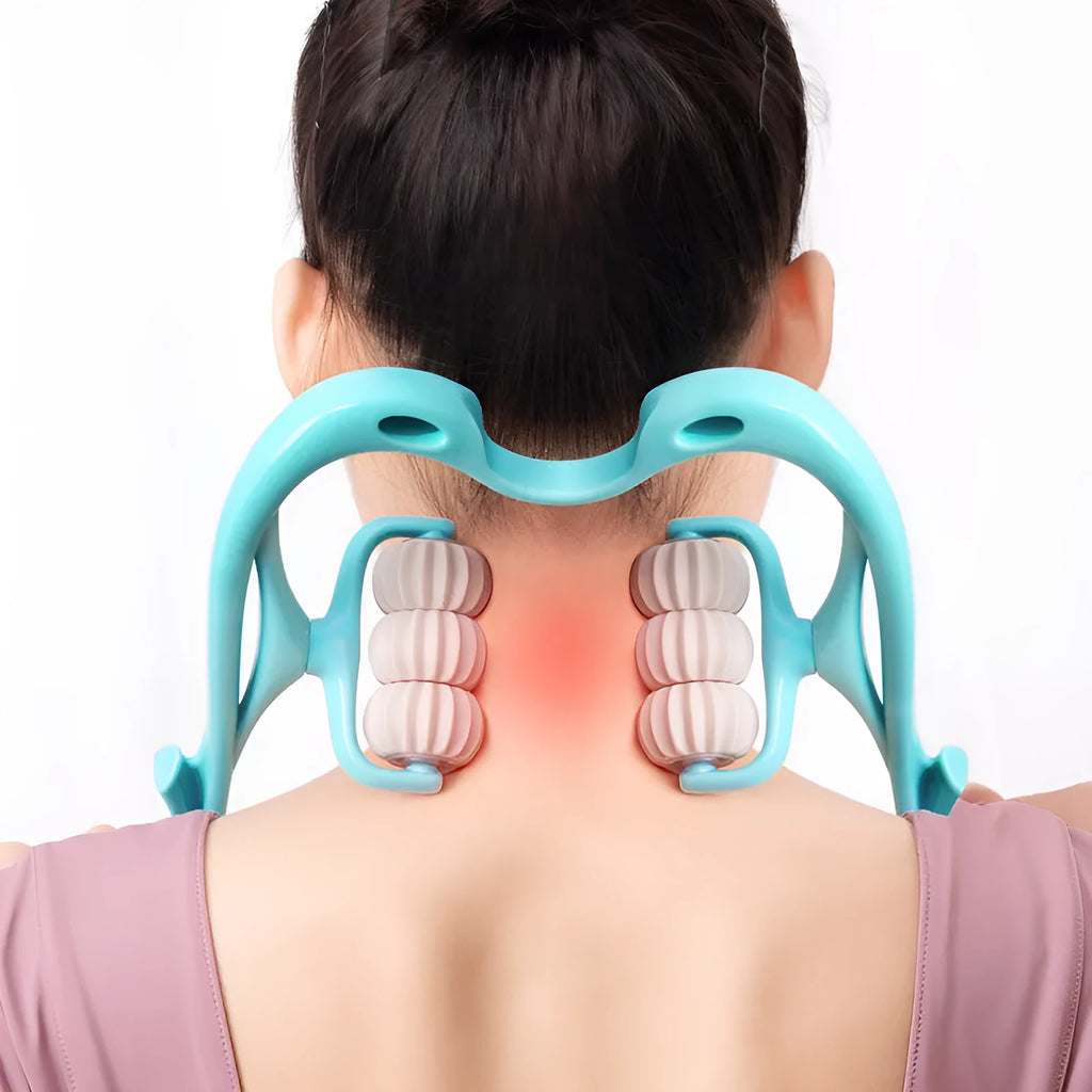 Pink or blue six-roller manual neck massager with jade scraping board, approx 35cm x 18cm
