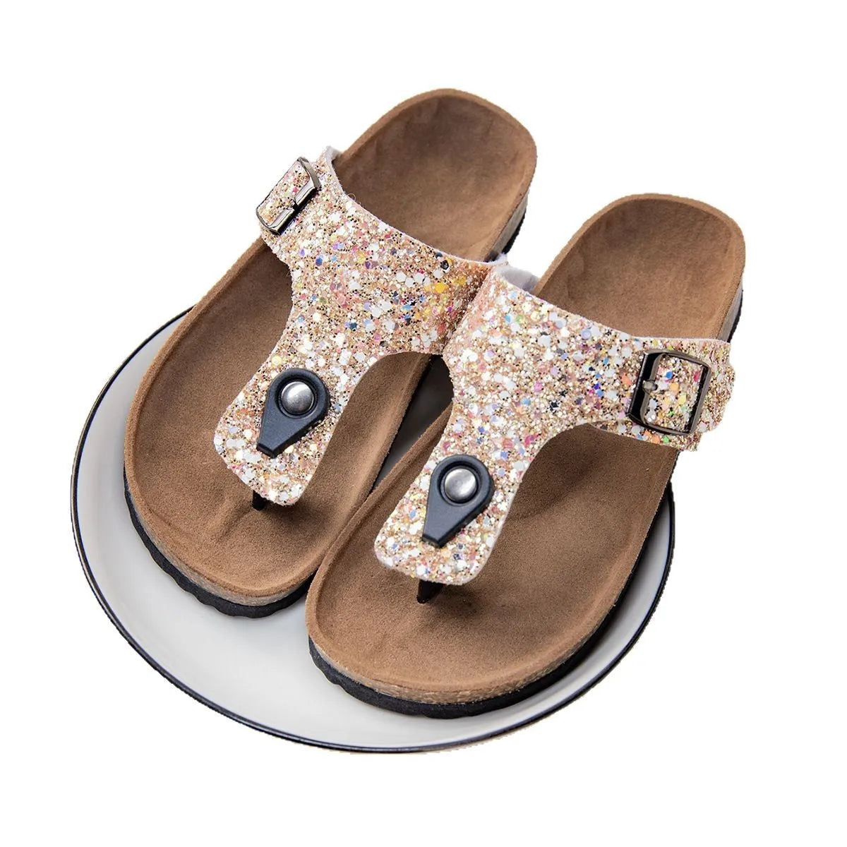 Children's cork flip-flops in pink with hollow-out design and PVC non-slip sole