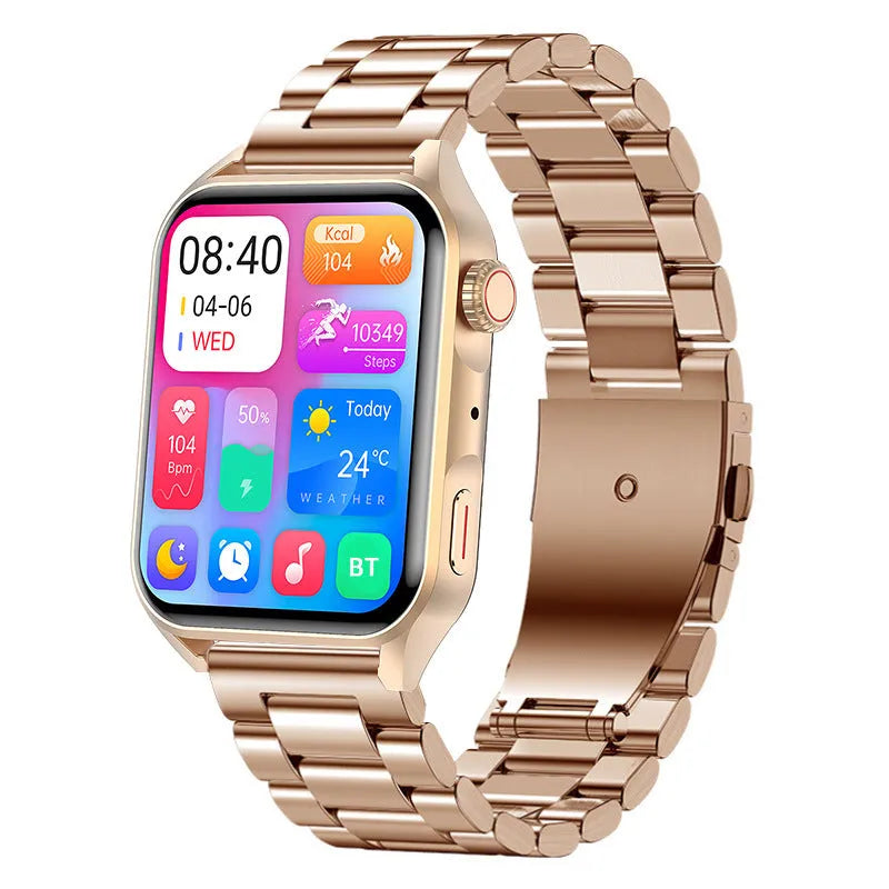 Black smart watch with a 1.8-inch AMOLED screen and a silicone wrist strap.