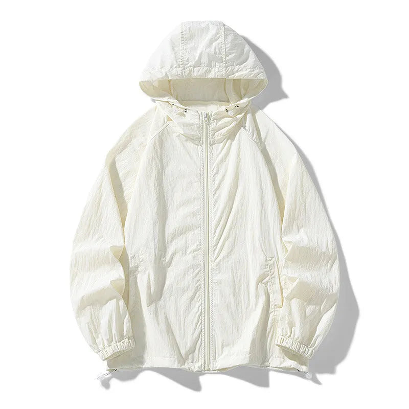 Loose-fit thin nylon blend outdoor sports jacket shown in light grey colour