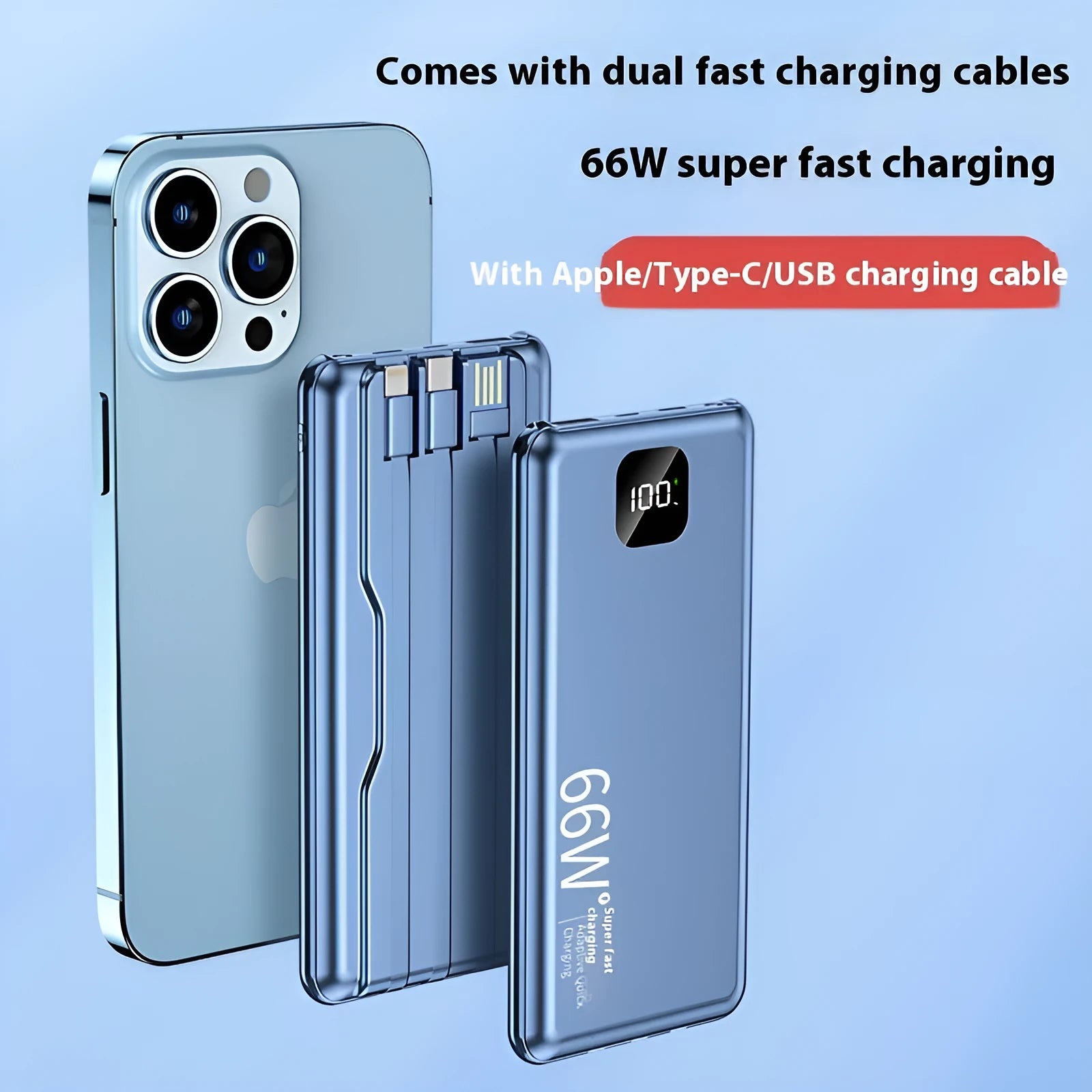 PD66W fast charge power bank 20000 mAh plastic shell cool black with cable