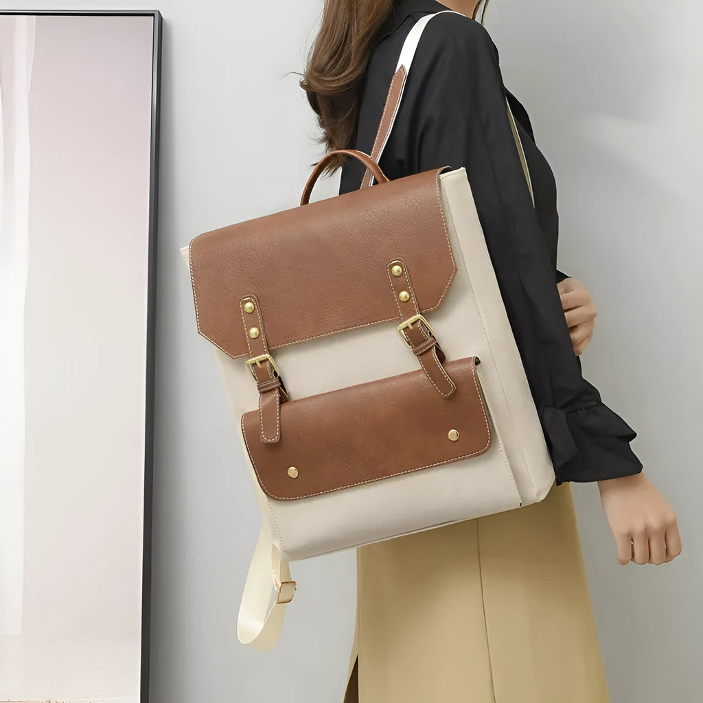 Korean-style soft PU retro backpack in creamy white colour, showing front design
